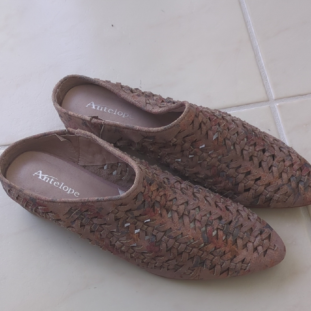 Sundance X Antelope Women's Woven Brown Rose Leather Mules Slip On Boho Shoes 41